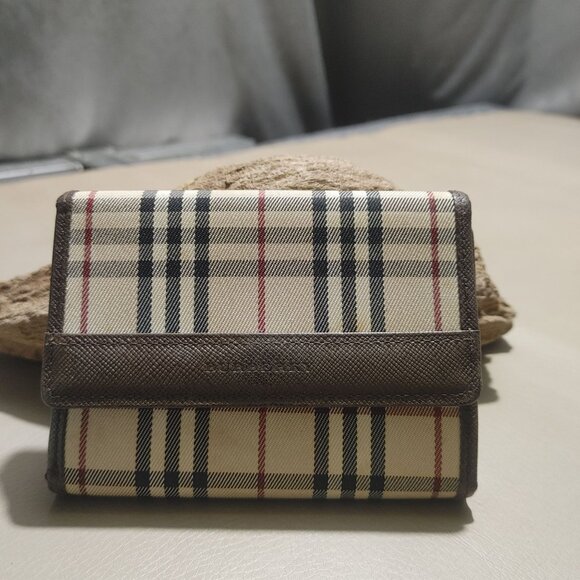 Burberry Nova Wallets Vintage Checkered Brown Coin Pouch Tri Fold Card Slots - Picture 2 of 16